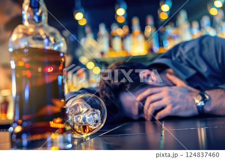 A drunk man fell asleep on the bar counter in front of an unfinished bottle of whiskey. The bar counter holds a sleeping man, his unfinished whiskey bottle suggesting a night of revelry. 124837460