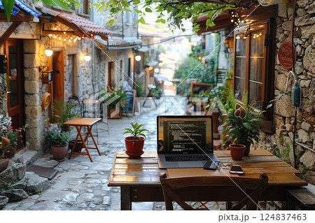 Freelancer's working place in a sidewalk cafe. A cozy sidewalk cafe serves as the perfect workspace for a freelancer, blending productivity with the charm of outdoor ambiance. 124837463