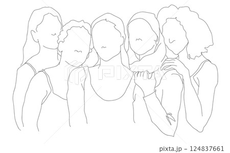 多様性、多国籍、他文化の女性達が肩を組んでいる人々の線画イラスト 背景透過 多様性、多国籍、他文化の女性達が肩を組んでいる人々の線画イラスト 背景透過 124837661