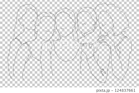 多様性、多国籍、他文化の女性達が肩を組んでいる人々の線画イラスト 背景透過 多様性、多国籍、他文化の女性達が肩を組んでいる人々の線画イラスト 背景透過 124837661