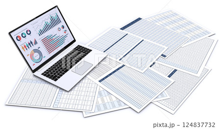 ビジネス資料とデータを表示するノートパソコン、データ分析・検討のイメージ ビジネス資料とデータを表示するノートパソコン、データ分析・検討のイメージ 124837732