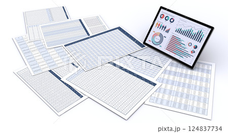 ビジネス資料とデータを表示するタブレットPC、データ分析・検討のイメージ ビジネス資料とデータを表示するタブレットPC、データ分析・検討のイメージ 124837734