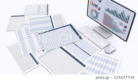 ビジネス資料とデータを表示するパソコン、データ分析・検討のイメージ ビジネス資料とデータを表示するパソコン、データ分析・検討のイメージ 124837739