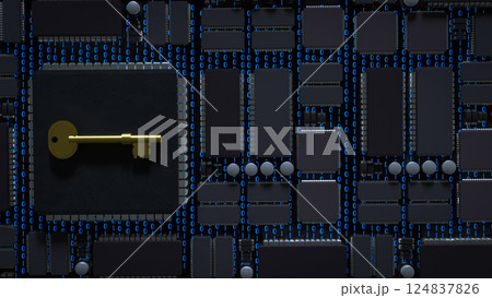 The Gold key on Mother Board for security technology concept 3d Rendering. The Gold key on Mother Board for security technology concept 3d Rendering. 124837826