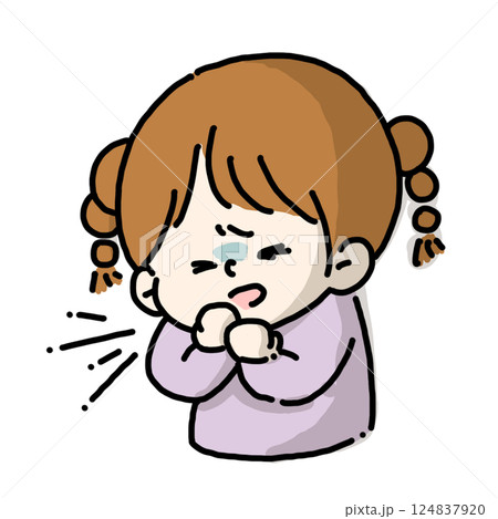 手を当てて咳をしている風邪気味の女の子のイラストカラーバージョン 手を当てて咳をしている風邪気味の女の子のイラストカラーバージョン 124837920