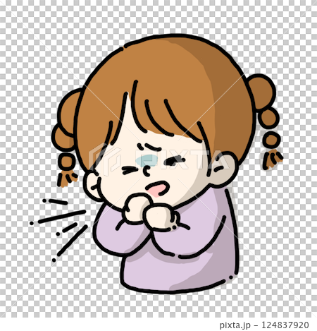 手を当てて咳をしている風邪気味の女の子のイラストカラーバージョン 手を当てて咳をしている風邪気味の女の子のイラストカラーバージョン 124837920