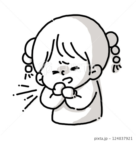 手を当てて咳をしている風邪気味の女の子のイラストモノクロバージョン 124837921