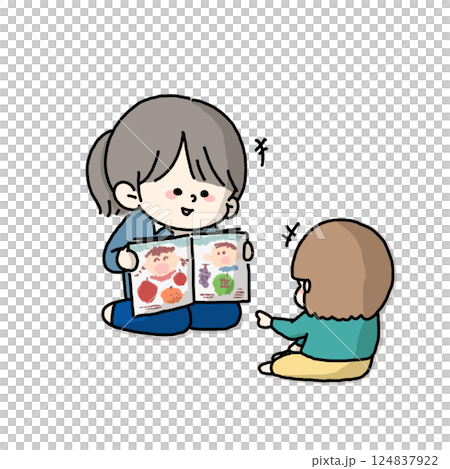 A color version of an illustration of an adult reading a picture book to a child 124837922
