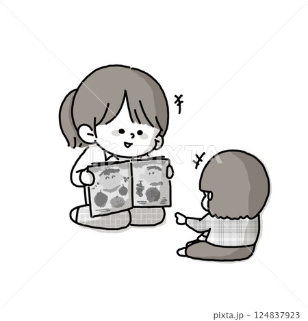 大人が子どもに絵本の読み聞かせをしているイラストモノクロバージョン 大人が子どもに絵本の読み聞かせをしているイラストモノクロバージョン 124837923