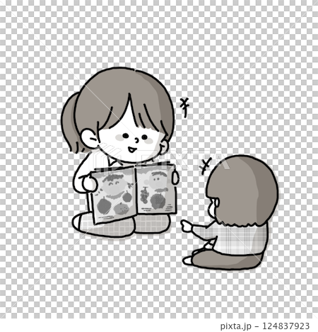 A monochrome version of an illustration of an adult reading a picture book to a child 124837923