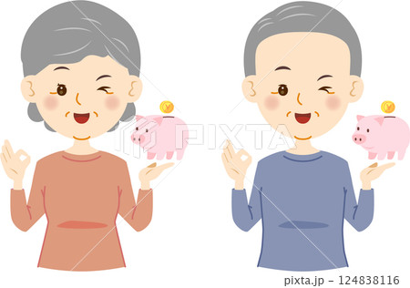 豚の貯金箱　ウインクするシニアの男女　OK 124838116
