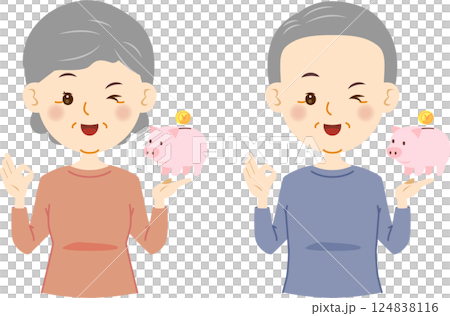 豚の貯金箱　ウインクするシニアの男女　OK 124838116