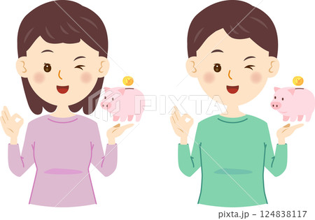 豚の貯金箱　ウインクする男女　OK 124838117