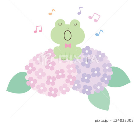 アジサイと歌うかわいいカエルのベクターイラスト。カエルの合唱、梅雨 アジサイと歌うかわいいカエルのベクターイラスト。カエルの合唱、梅雨 124838305