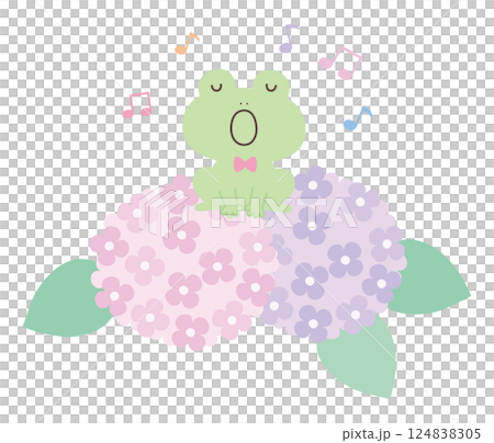 Vector illustration of hydrangea and singing cute frogs. Frog chorus, rainy season 124838305