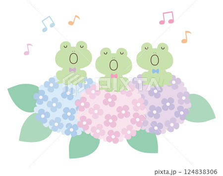 アジサイと歌うかわいいカエルのベクターイラスト。カエルの合唱、梅雨 124838306