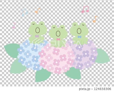 アジサイと歌うかわいいカエルのベクターイラスト。カエルの合唱、梅雨 124838306