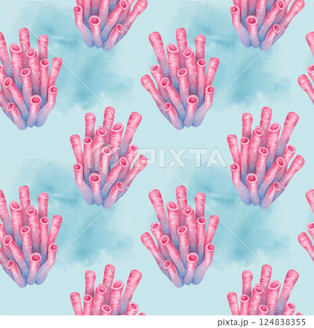 Tubular coral on blue spot. Seamless pattern. Watercolor and marker illustrations. Ocean coral reefs, underwater animal of seabed. Hand drawn isolated art. Background for fabric, textile, packaging. Tubular coral on blue spot. Seamless pattern. Watercolor and marker illustrations. Ocean coral reefs, underwater animal of seabed. Hand drawn isolated art. Background for fabric, textile, packaging. 124838355