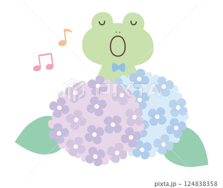 アジサイと歌うかわいいカエルのベクターイラスト。カエルの合唱、梅雨 124838358
