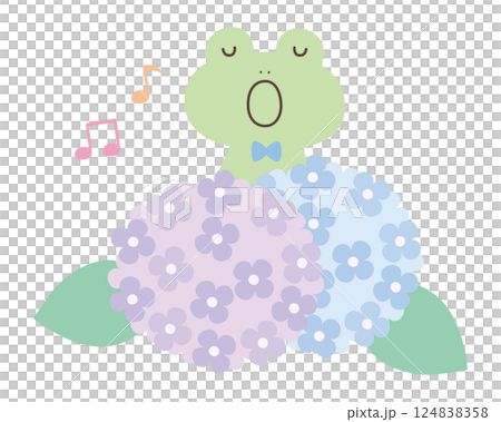 アジサイと歌うかわいいカエルのベクターイラスト。カエルの合唱、梅雨 124838358