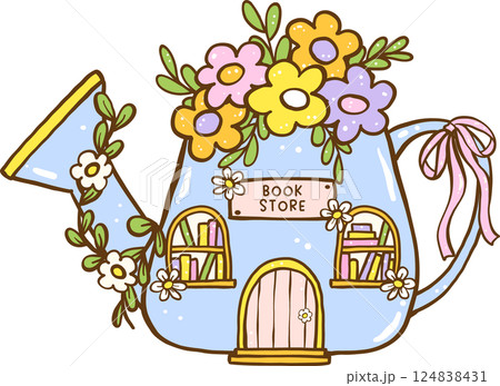Cute Spring Bookish book store Watering Can Shape Cartoon Hand Drawn Cute Spring Bookish book store Watering Can Shape Cartoon Hand Drawn 124838431
