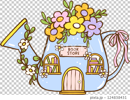 Cute Spring Bookish book store Watering Can Shape Cartoon Hand Drawn Cute Spring Bookish book store Watering Can Shape Cartoon Hand Drawn 124838431