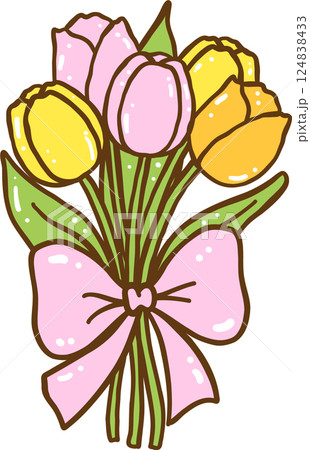 Cute Boquet Tulips Cartoon Hand Drawn 124838433