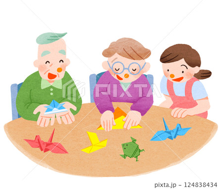 レクリエーションで折り紙をする高齢者 124838434