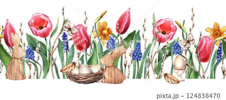 Seamless border made of pussy willow branches, tulips, daffodils, narcissi, grape hyacinth, muscari, wooden bunny, nest with eggs, butterflies, and feathers. Hand drawn watercolor illustration. 124838470