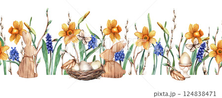 Seamless border made of pussy willow branches, daffodils, narcissi, grape hyacinth, muscari, wooden bunny, nest with eggs, butterflies, and feathers. Hand drawn watercolor illustration 124838471