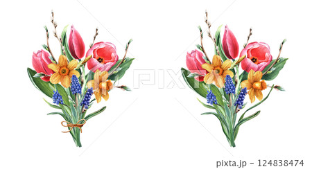 Bouquets of spring flowers. With twine bow tie. Tulips, daffodils, grape hyacinth, Muscari, pussy willow branches. Hand drawn watercolor illustration isolated on white. For clip art cards 124838474