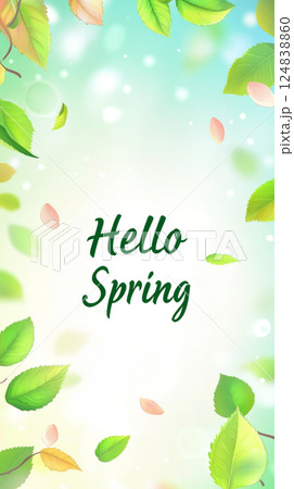 Hello spring greeting with fresh green leaves and blurred background 124838860