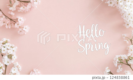 Cherry blossoms in spring with pastel soft floral branches in bloom and text Hello spring, seasonal postcard background 124838861