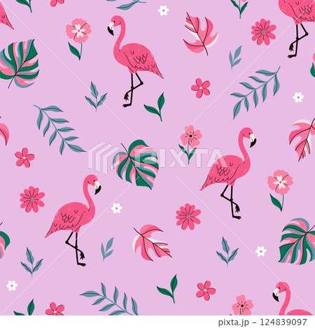 Seamless pattern with pink flamingos, flowers and tropical leaves. Vector graphics. Seamless pattern with pink flamingos, flowers and tropical leaves. Vector graphics. 124839097