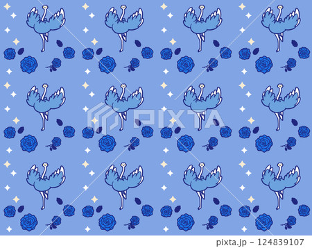 背景付き羽を広げて走るダチョウと青バラのパターンイラスト 124839107