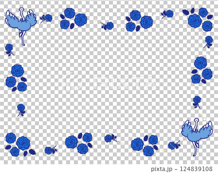 Frame illustration of an ostrich running with its wings spread and a blue rose Frame illustration of an ostrich running with its wings spread and a blue rose 124839108