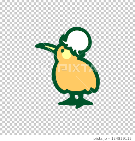 Color illustration of a sideways kiwi wearing a lily of the valley hat 124839115