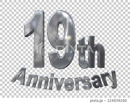 3DCG 字母“19 週年/19 週年紀念標誌閃光”銀色，銀色 124839280