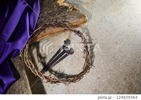 A crown of thorns and three nails 124839364
