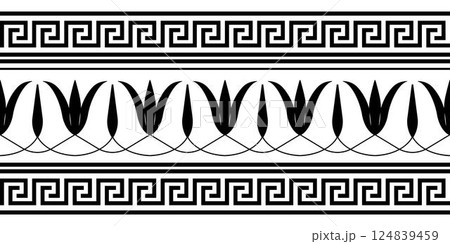 Greek floral meander, key meander. Endless European pattern border. Vector black seamless classic greek ornament. Border Ancient Greece, Roman Empire. For textile, engraving, embroidery, porcelain 124839459