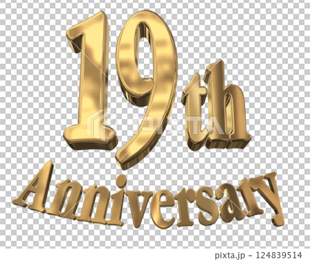 3DCG文字「19th Anniversary/19周年マークキラキラ」ゴールド,金 124839514