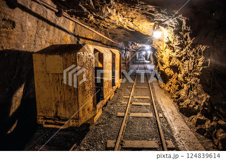 Inside the historic mine shaft of Jachymov, rusty mine carts sit on the tracks, illuminated by dim lights. The rugged walls reflect the rich mining history of the region. Inside the historic mine shaft of Jachymov, rusty mine carts sit on the tracks, illuminated by dim lights. The rugged walls reflect the rich mining history of the region. 124839614
