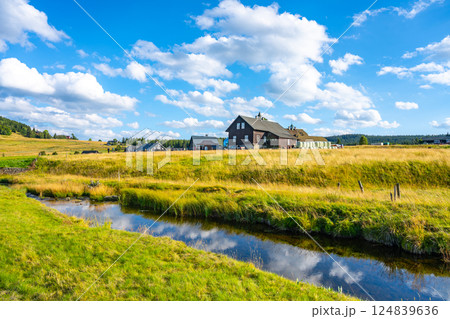 Jizerka village showcases its charming landscape, featuring a quaint house surrounded by lush greenery and a gentle stream reflecting the vibrant blue sky and fluffy clouds on a sunny day. 124839636