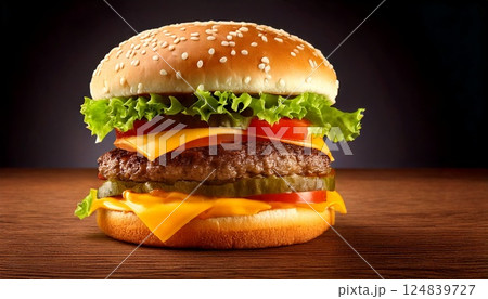 完璧な黄金チーズバーガー - 木目テーブルで撮影された食欲をそそるハンバーガー 124839727