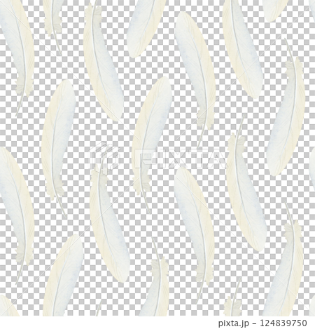 Simple white feathers watercolor seamless pattern. Long goose or chicken plumage repeat background. Monochrome hand drawn bird clip art for Easter designs and bedroom bed linen prints Simple white feathers watercolor seamless pattern. Long goose or chicken plumage repeat background. Monochrome hand drawn bird clip art for Easter designs and bedroom bed linen prints 124839750