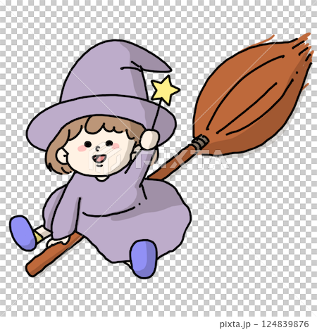 Color illustration of a girl riding a broom 124839876