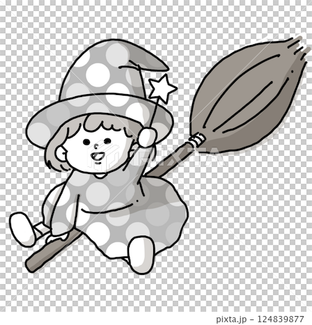 ほうきに乗った女の子のモノクロイラスト ほうきに乗った女の子のモノクロイラスト 124839877