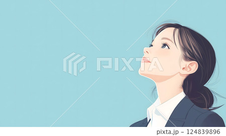 スーツを着て青空を見上げる若い女性、就職活動のコンセプト（生成AI画像） 124839896