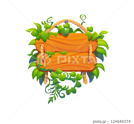 Wooden sign board with tropical jungle liana and leaves. Cartoon vector wood signboard with rainforest plants, beach pointer hanging on ropes. Game level menu banner, plank with greenery, billboard 124840374