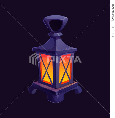 Cartoon glowing pirate lantern icon with dark metallic frame and warm light. Vector antique lamp evokes mystery, adventure and maritime exploration, treasure hunt, ghost ship or medieval fantasy game Cartoon glowing pirate lantern icon with dark metallic frame and warm light. Vector antique lamp evokes mystery, adventure and maritime exploration, treasure hunt, ghost ship or medieval fantasy game 124840428